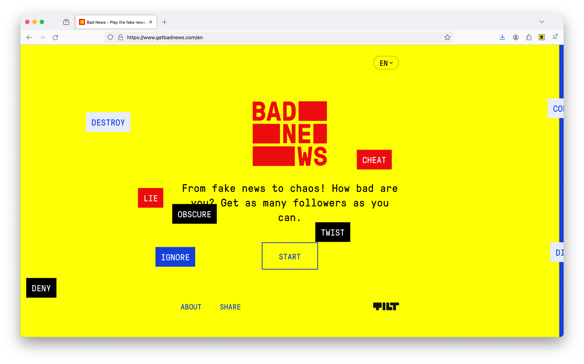 Screenshot of the Bad News game web site