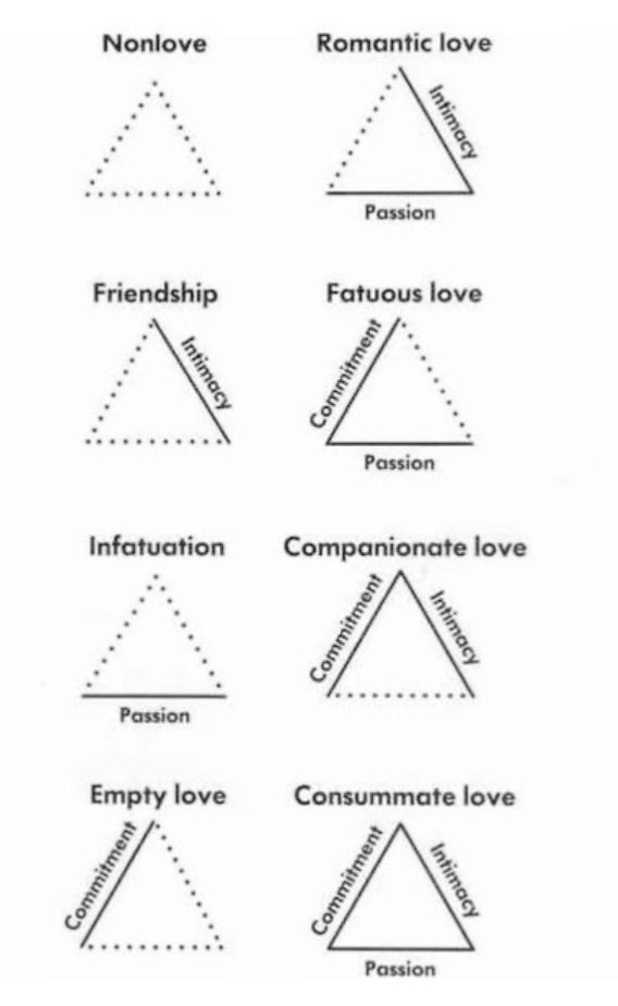 8 triangles, each with a different combination of solid or dotted lines, to represent the eight possible combinations of (1) Commitment, (2) Intimacy, and (3) Passion. There is text above each triangle labeling these 8 combinations.