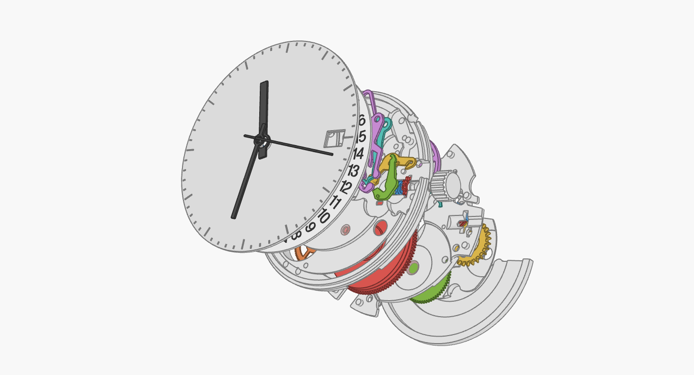 Exploded view of the inner workings of a mechanical watch.