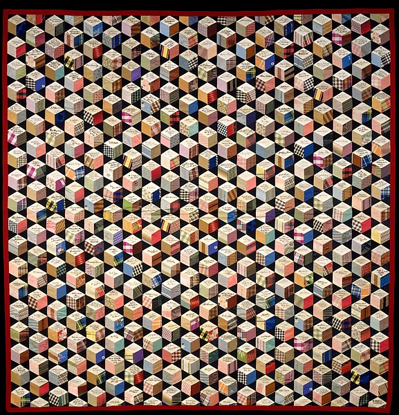 "Quilt, Tumbling Blocks with Signatures Pattern," Adeline Harris Sears, begun 1856.
