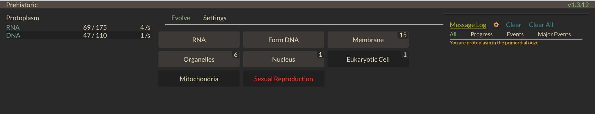 Screenshot from the video game Evolve. There are only a few words/buttons on the page: RNA, Form DNA, Membrane, and a few other similar early stage evolutionary ideas.