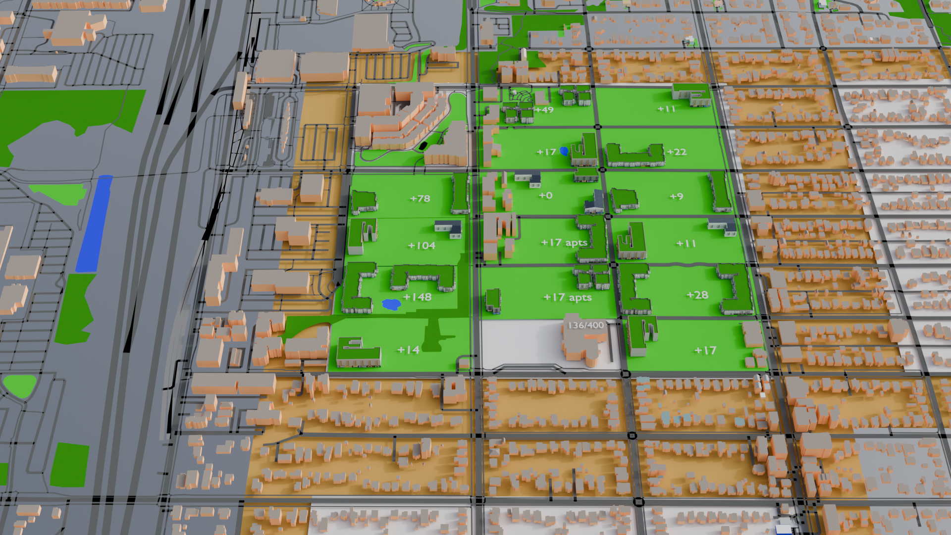 3-D model depicting an aerial view of an 18 block neighborhood, and the surrounding areas.