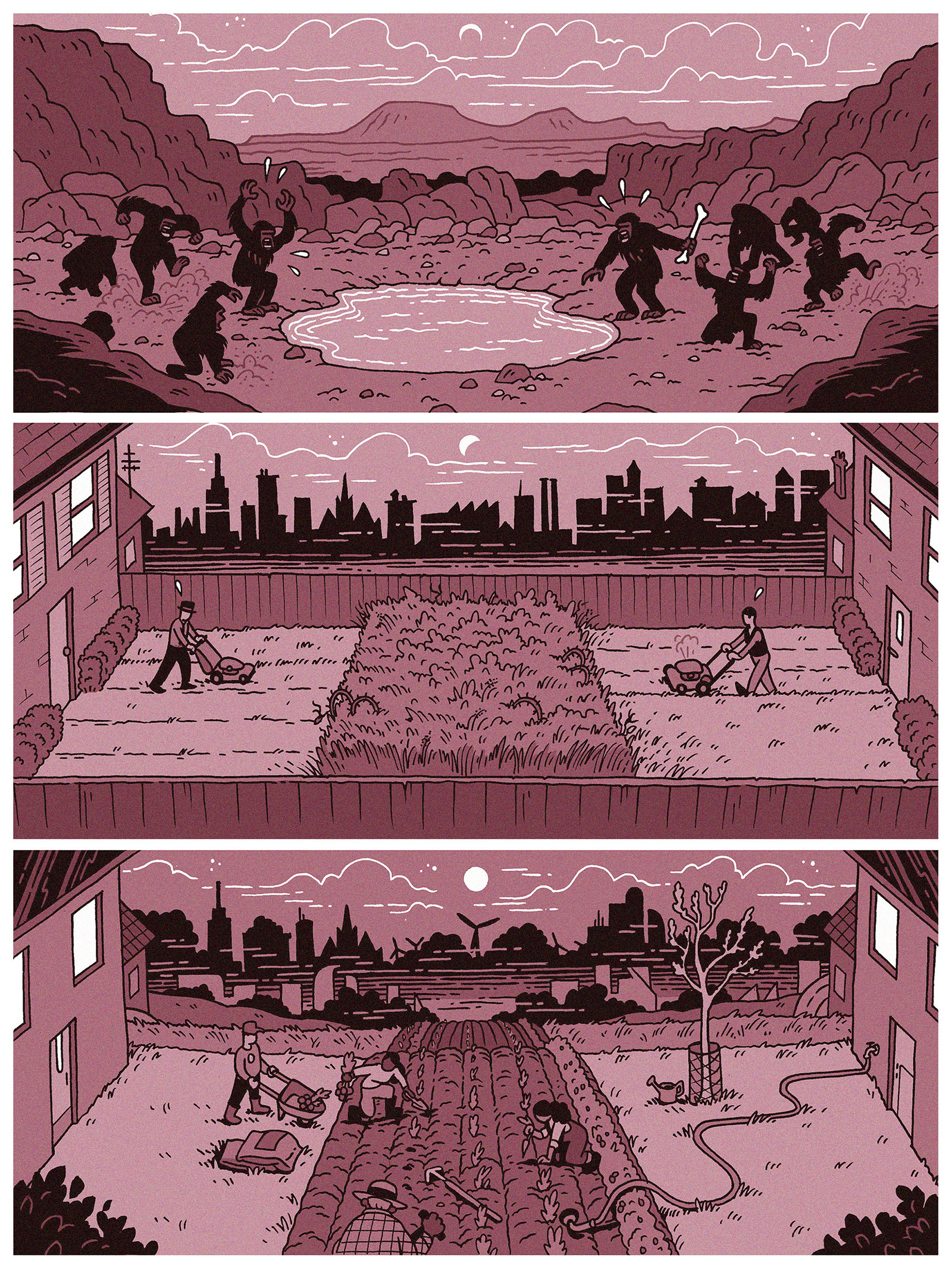 A sequence of three panels depicting various scenes. In the first scene, we see cave-men like people fighting over a water hole. In the second scene we see to neighbors each mowing their backyards, save for an unmowed strip dead center between their houses. In the third scene we see a similar scene to the second, except that shared patch of land is a garden which many neighbors appear to be taking care of; windmills can be seen in the background skyline.