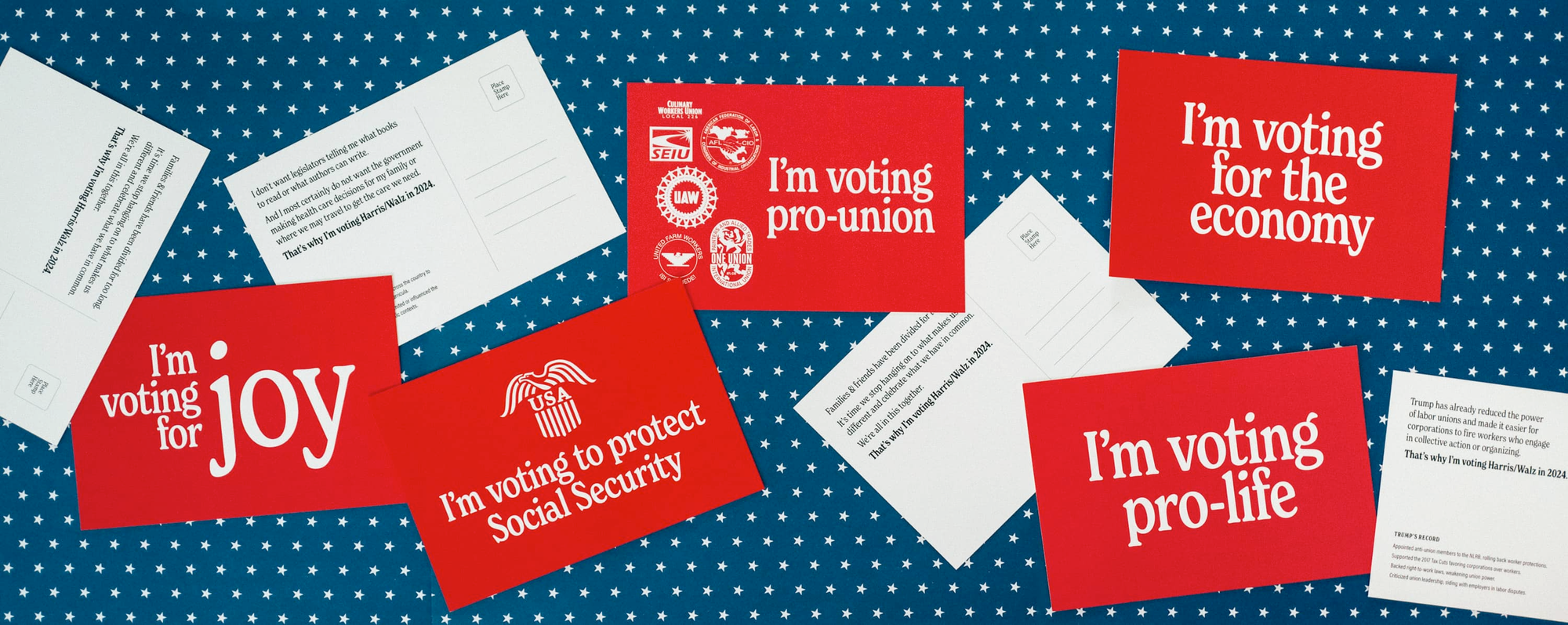 Assorted postcards. Each card is a solid bright red color with various ‘I’m voting for…’ statements in a white, knockout text. Example phrases read: "I'm voting pro-union," "I'm voting for the economy," and "I'm voting for joy."