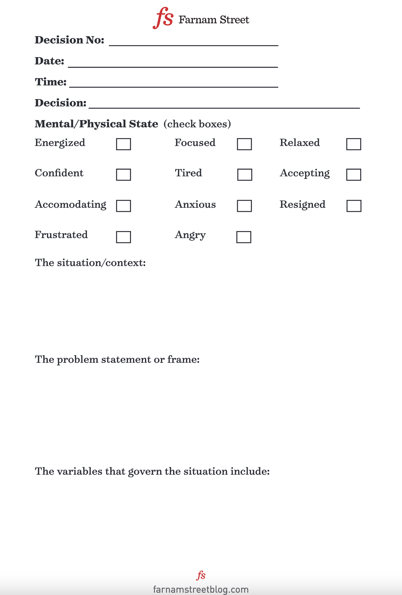 Screenshot of the Decision Journal framework used by Farnam Street, asking you to log various things about the decision being made.