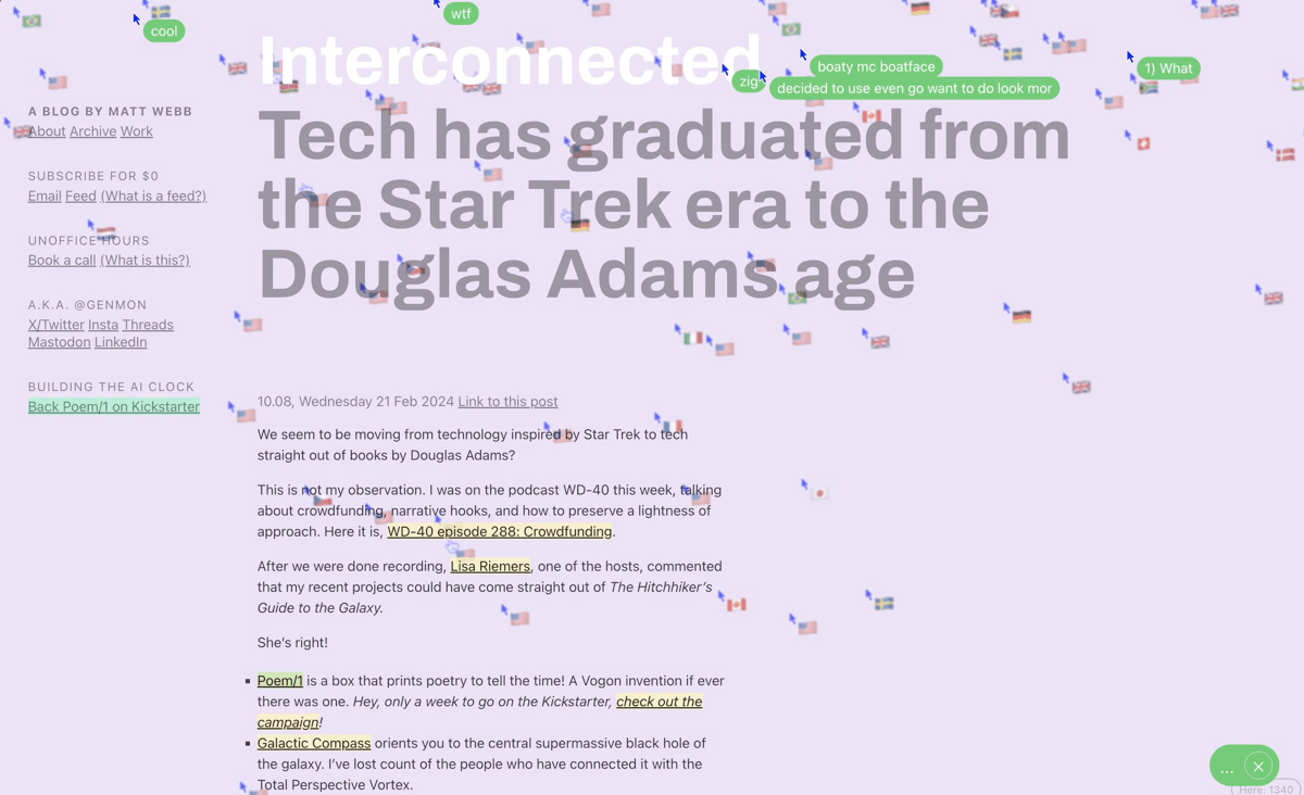 Screenshot of a blog post, with lots of visible cursors from everyone else reading this same page art that moment.