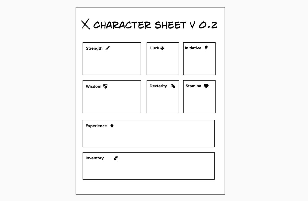 Screenshot of a real life character sheet template, with sections for Strength, Wisdom, Luck, Initiative, Dexterity, Stamina, Experience, and Inventory.