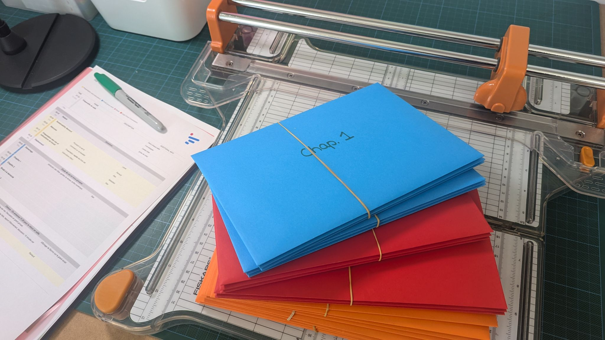 Photo of several, brightly colored envelopes. The top envelope has "Chap 1" written on it.