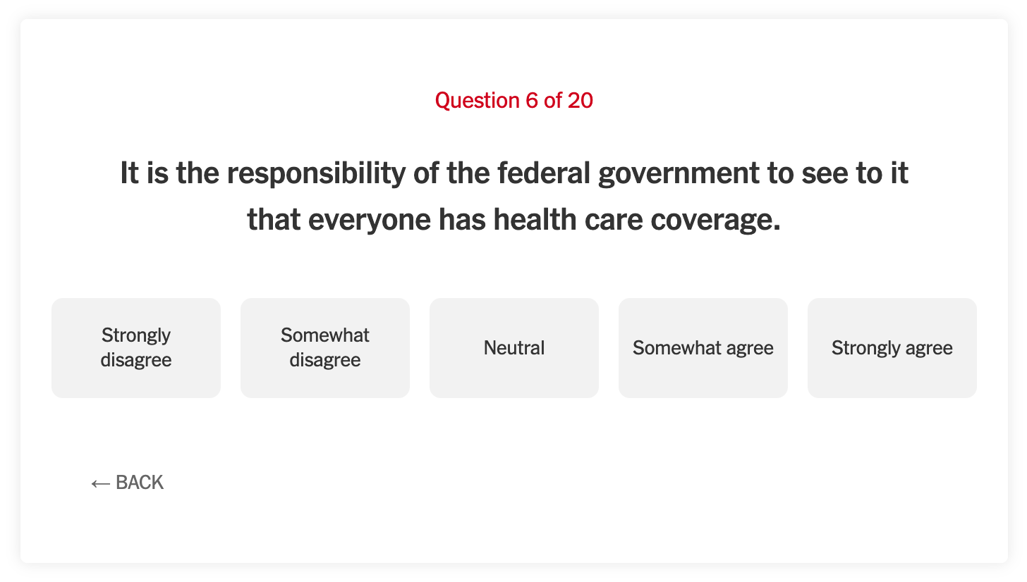 One of 20 questions asked in this interactive quiz. This question reads: "It is the responsibility of the federal government to see to it that everyone has health care coverage." with 5 options to choose from, ranging from Strongly disagree to Strongly agree.