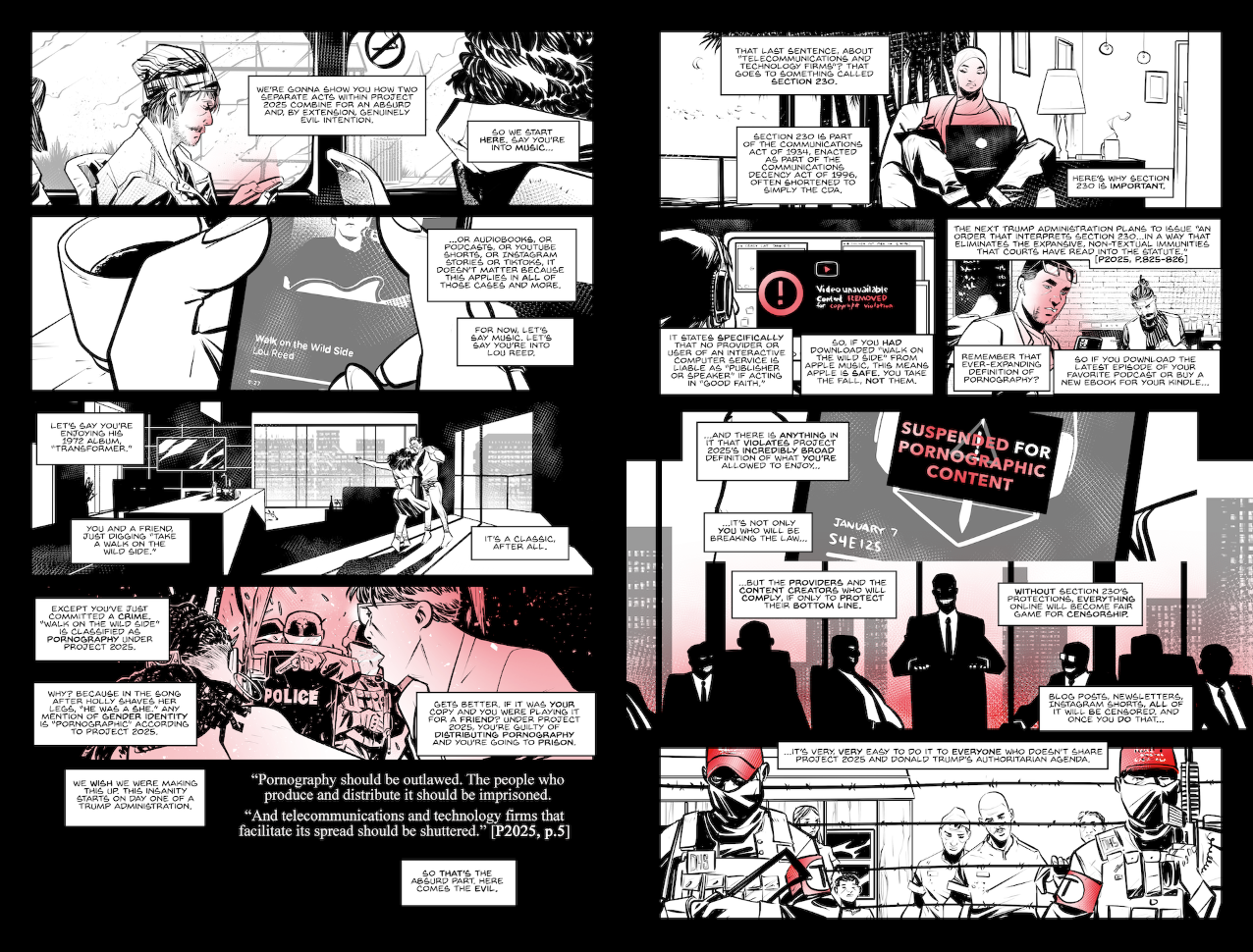 A 2 page comic spread, black and white with red used as an accent color.