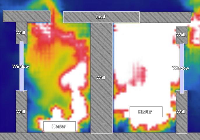 Screenshot of an app that lets you move various elements (walls, windows, portions of the roof, and heaters) to see the resulting effect upon heat flow in a house.