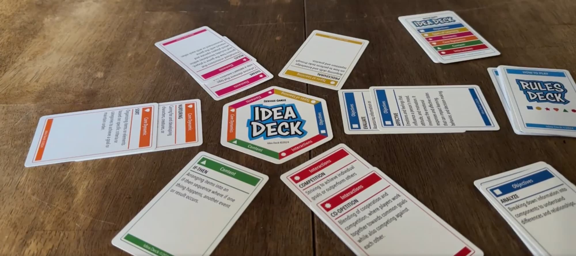 Photo of the Serious Games Idea Deck. A central hexagon card can be seen in the center, with cards of matching suits matching with each of the six sides of the hexagon.