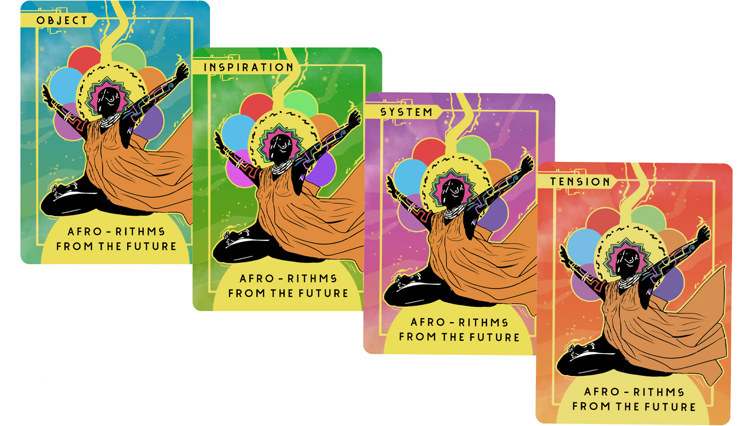 Image of the backsides of the 4 suits forming the AfroRithms from the Future card deck.