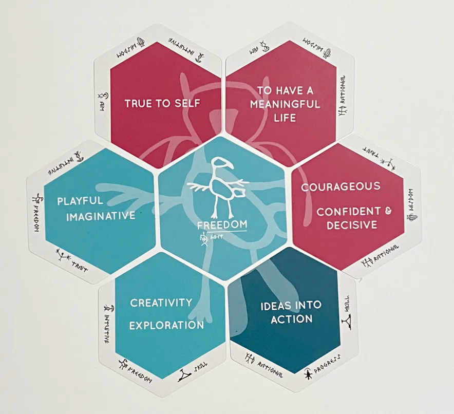 Image of 7 hexagons. 1 in the center surrounded by 6 more. The 6 outer cards have a white edged outer border where they aren't touching other hexagon cards. On these hexagon cards are words like "freedom" and "creativity, exploration" and 'Ideas into action."