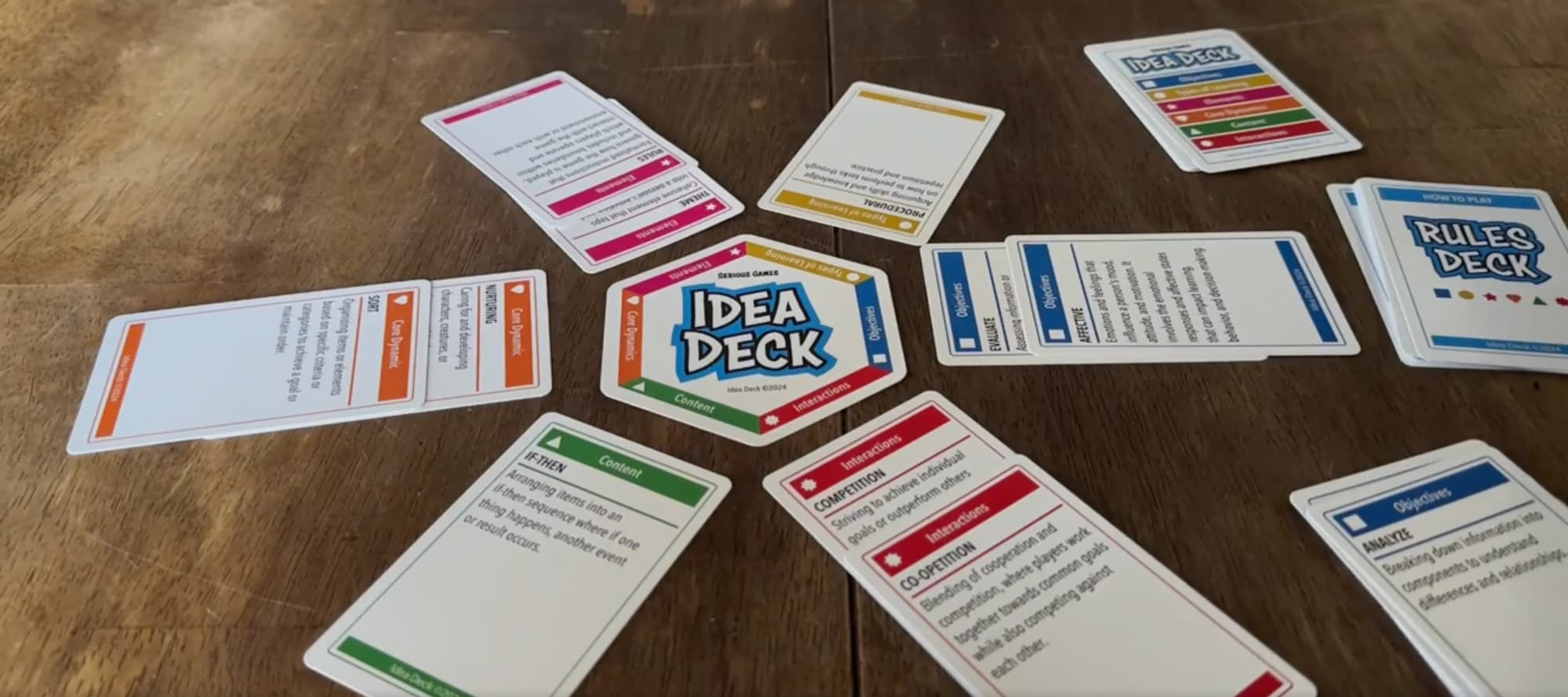 "Photo of the Serious Games Idea Deck. A central hexagon card can be seen in the center, with cards of matching suits matching with each of the six sides of the hexagon."