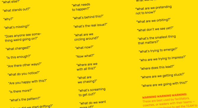 Screenshot of assorted "strategically vague questions" such as "What's behind this?" "Are there other ways?" and "What's missing?"