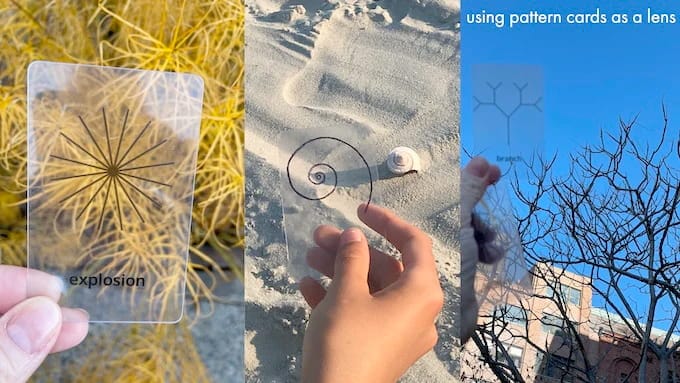 trio of three photos, each showing a hand holding a transparent card, with a symbol printed on it. In each photo, people are looking through the card to find a matching pattern in nature. For example, in the middle photo, the card depicts a spiral pattern; this is aligned next to a seashell that has a spiral pattern.