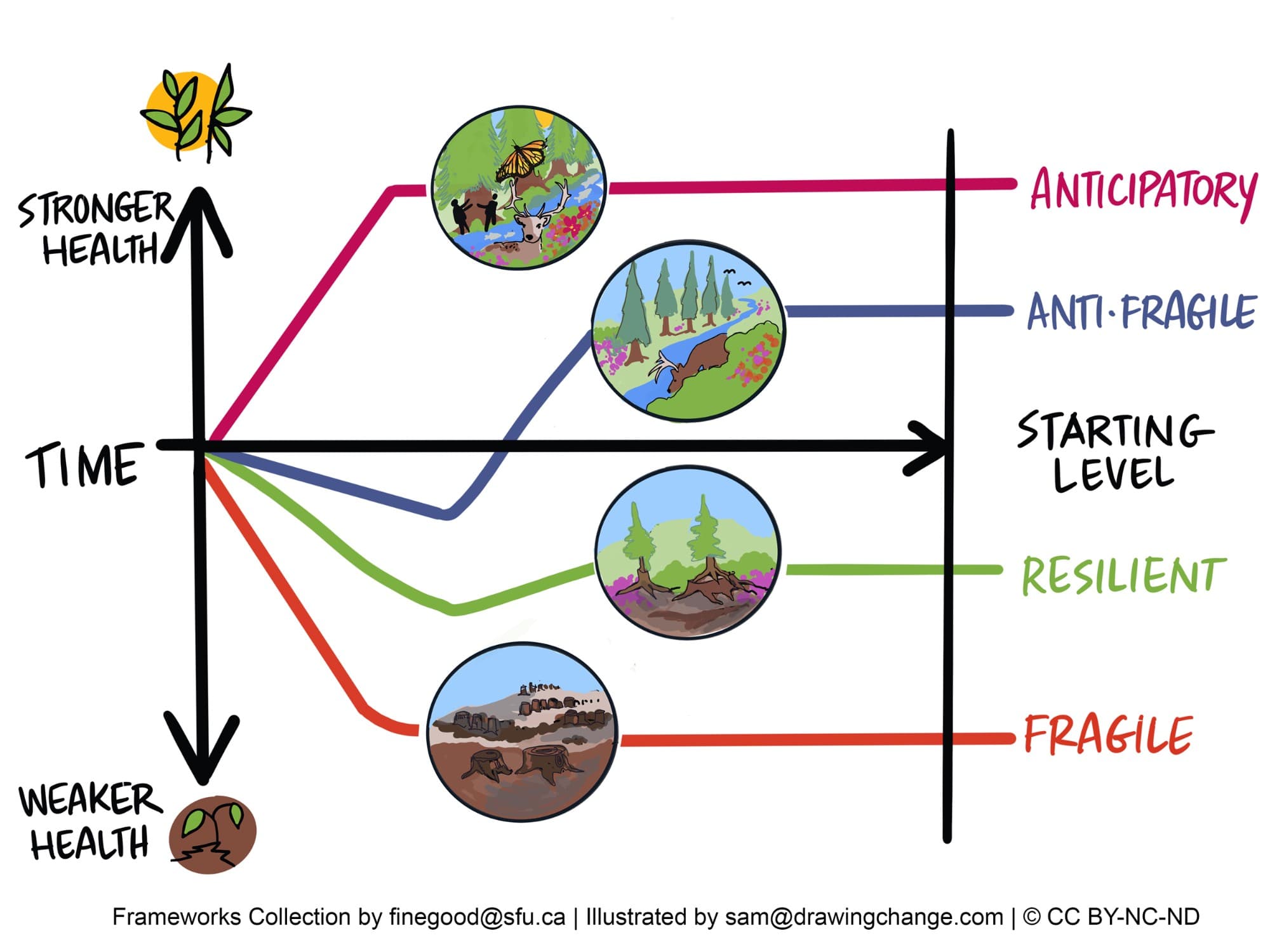 Sketch style graph / illustration. A horizontal axis representing time extends off of the center of vertical axis with extreme labels for Weaker Health and Stronger Health. Plotted onto this are four arrows, each representing four distinct responses to shocks—fragile, resilient, anti-fragile, and anticipatory systems.