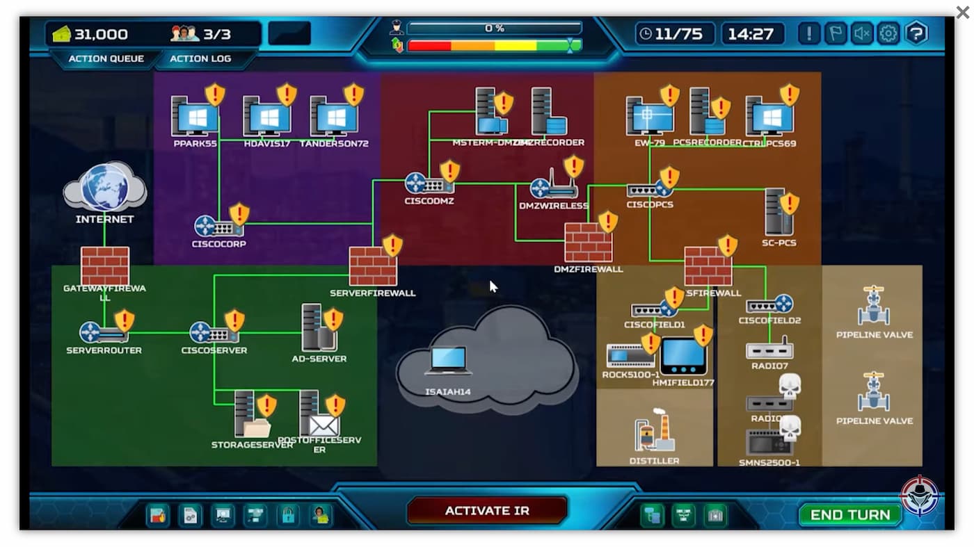 Screenshot from the ThreatGEN Red vs. Blue simulation. This screen looks like an abstraction of a site location, with different colored zones, assets, firewalls, cloud icons, and associated iconography.