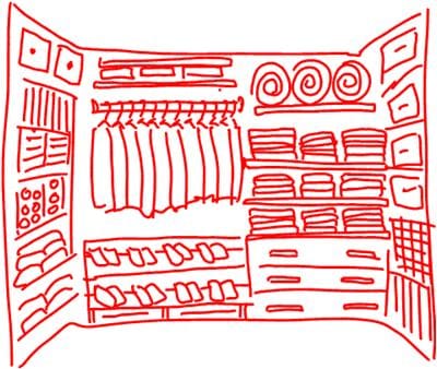 Rough, hand drawn sketch of a very tidy and organized closet.