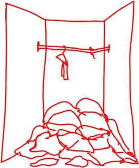 Rough, hand drawn sketch of laundry piled in the floor of a closet.