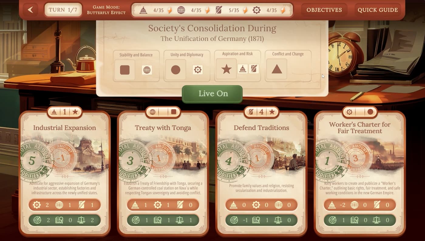 Screenshot of the video game The Great Gambit. There's a status bar across the top, followed by 4 cards with assorted icons and values. The visual aesthetic uses warm colors, with lots of khaki, hunter green, burnt orange, and similar colors, giving this an antiquated feel.