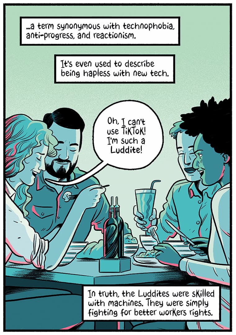 Panel from a comic book. People are at dinner discussing being a Luddite. 