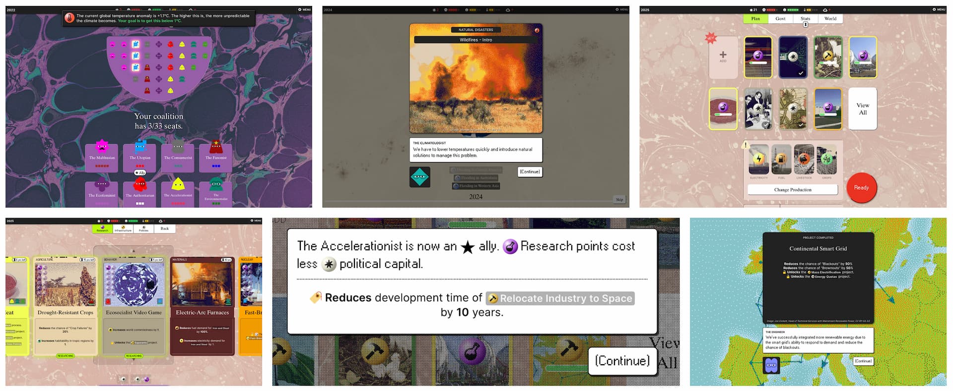 Assorted screenshots from the game Half-Earth Socialism