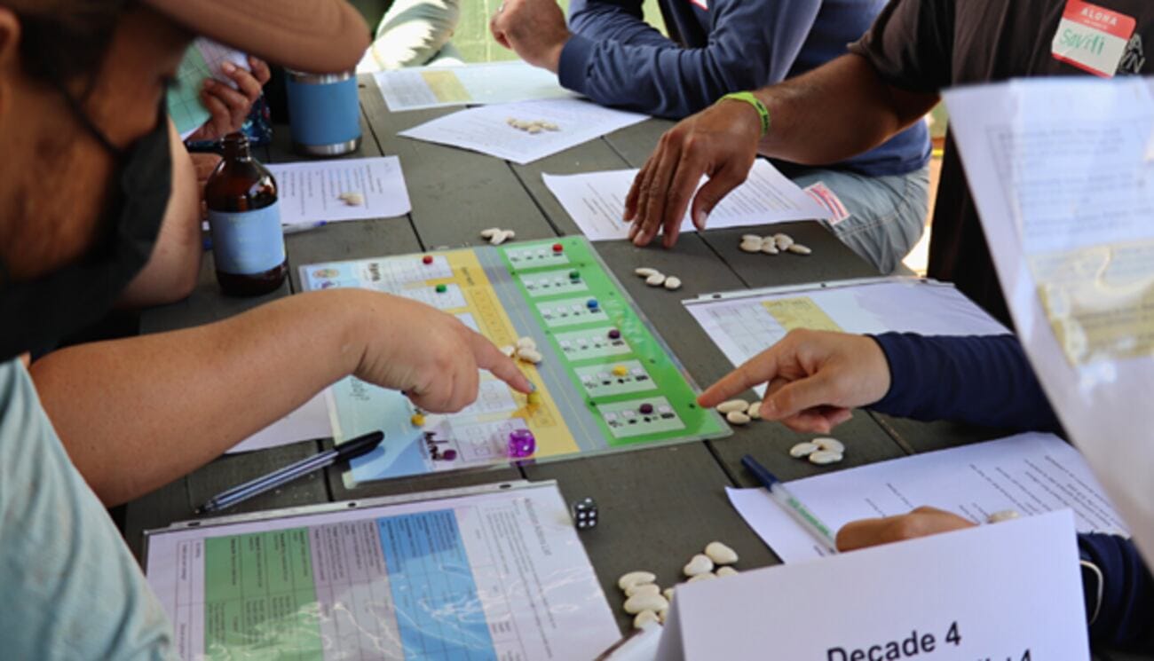 Photograph of people seated at what looks like a picnic table playing a prototype of a game.