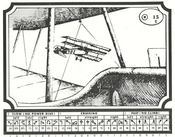 Black and white page for the game Ace of Aces. 80% of the page is a large illustration of a plane; below this are various flight maneuvers and the associated pages in the book.