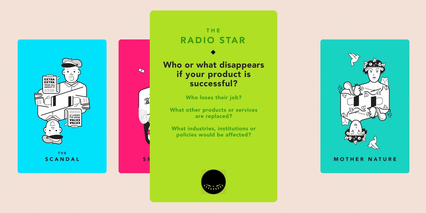 Screen shot of the Tarot Cards of Tech Cards. The featured card asks questions like "Who of what disappears if your product is successful?" "Who loses their job?" and "What other products or services are replaced?"