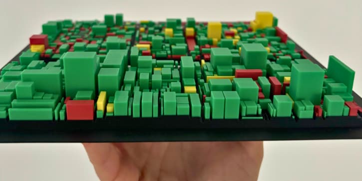Photo of a hand, holding what looks like a 3D printed city, filled with mostly green, and some red and yellow buildings of different sizes and heights.