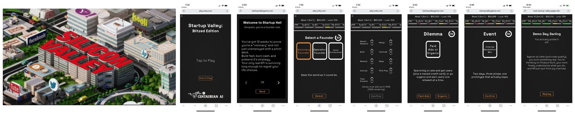 Assorted screenshots from the game Startup Valley.