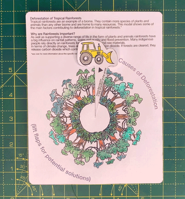 Animated gif that shows a handmade paper construction depicting Causes of Deforestation. A tractor can be moved in a circle, which 'removes' trees and replaces them (reveals) a series of flaps that can be lifted for additional information.