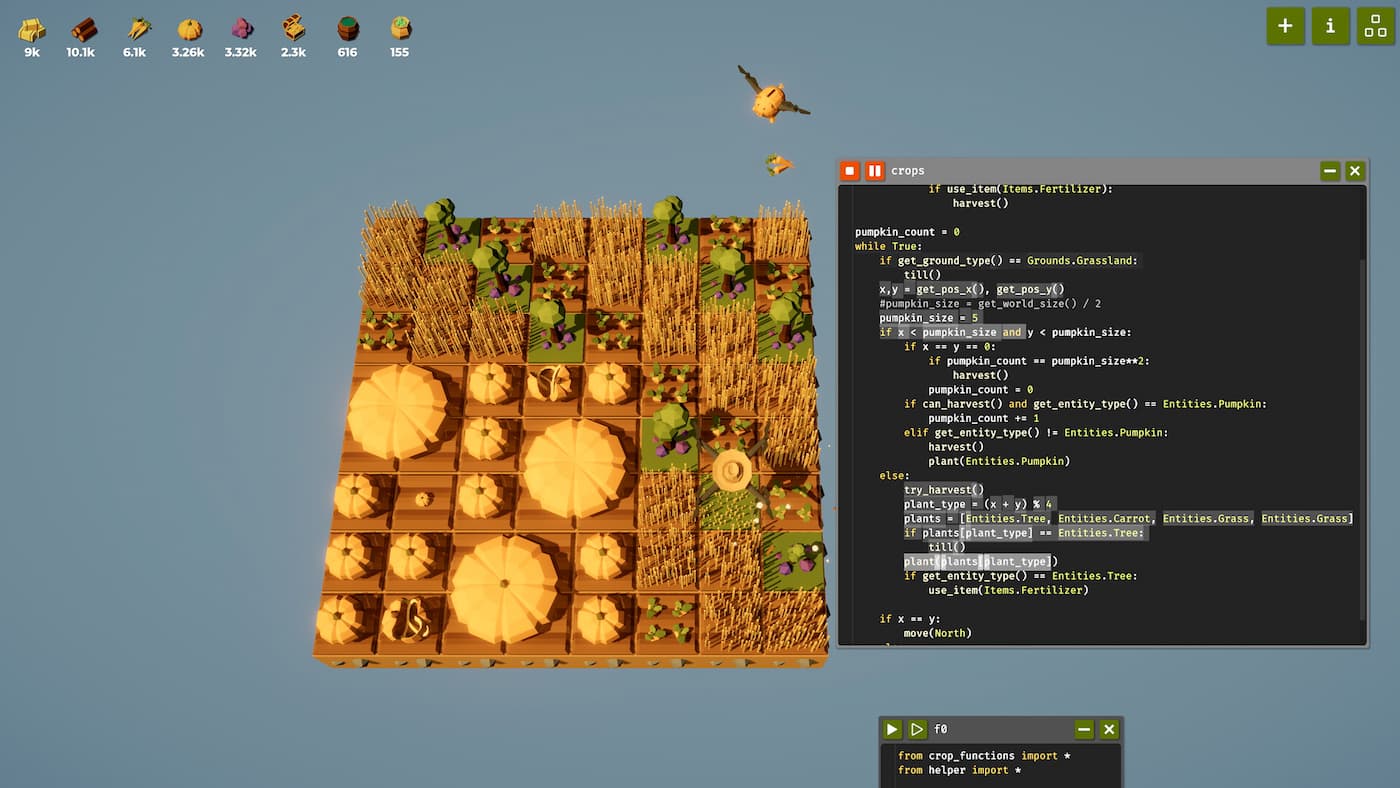 Screenshot from the game The Farmer was Replaced. In the center of the screen is a square field, composed of smaller squares, with each small square representing a different crop of state of farming. To the right of this is a floating window in which we see code; presumably this is a code editor controlling the drones that maintain the fictional farm.