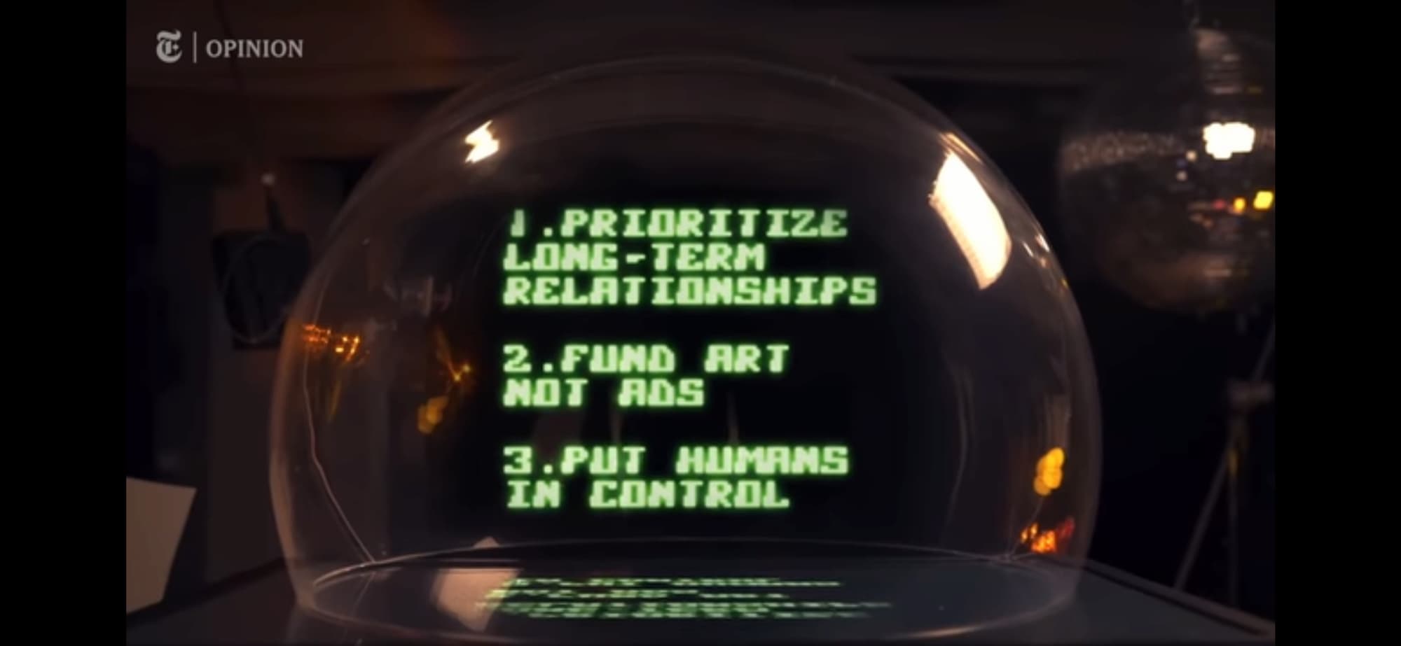 Retro-futuristic text floating in a bubble (text content is the 3 bullet listed above)