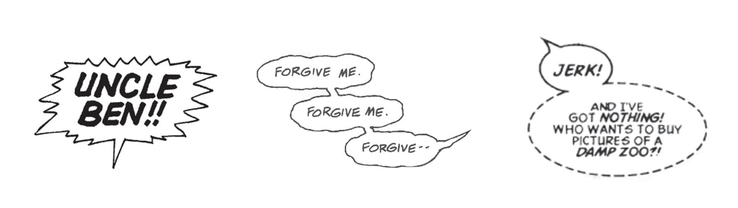 A sample of three kinds of speech bubbles. From left to right: burst, deflated, whisper. Bursts: Jagged edges on a word balloon indicate yelling, screaming, or generally loud speech.  Deflated: A wavy outline can communicate weak speech.  Whisper: A dashed outline indicates quiet speech. Small text inside a big balloon or a gray border can also represent whispering.