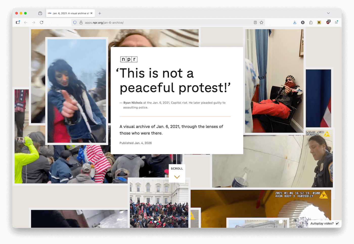 Screenshot of the linked website. We see a collage of photos and videos, with a white card overlay in the center, with the headline "This is not a peaceful protest!"