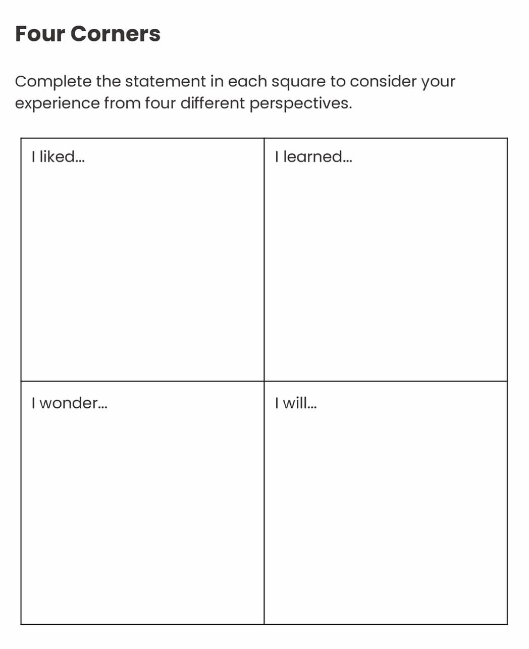 A reflection template titled 'Four Corners' with instructions to 'Complete the statement in each square to consider your experience from four different perspectives.' The template is divided into four equal quadrants with the following prompts: top-left 'I liked...', top-right 'I learned...', bottom-left 'I wonder...', and bottom-right 'I will...' Each quadrant contains blank space for written responses.