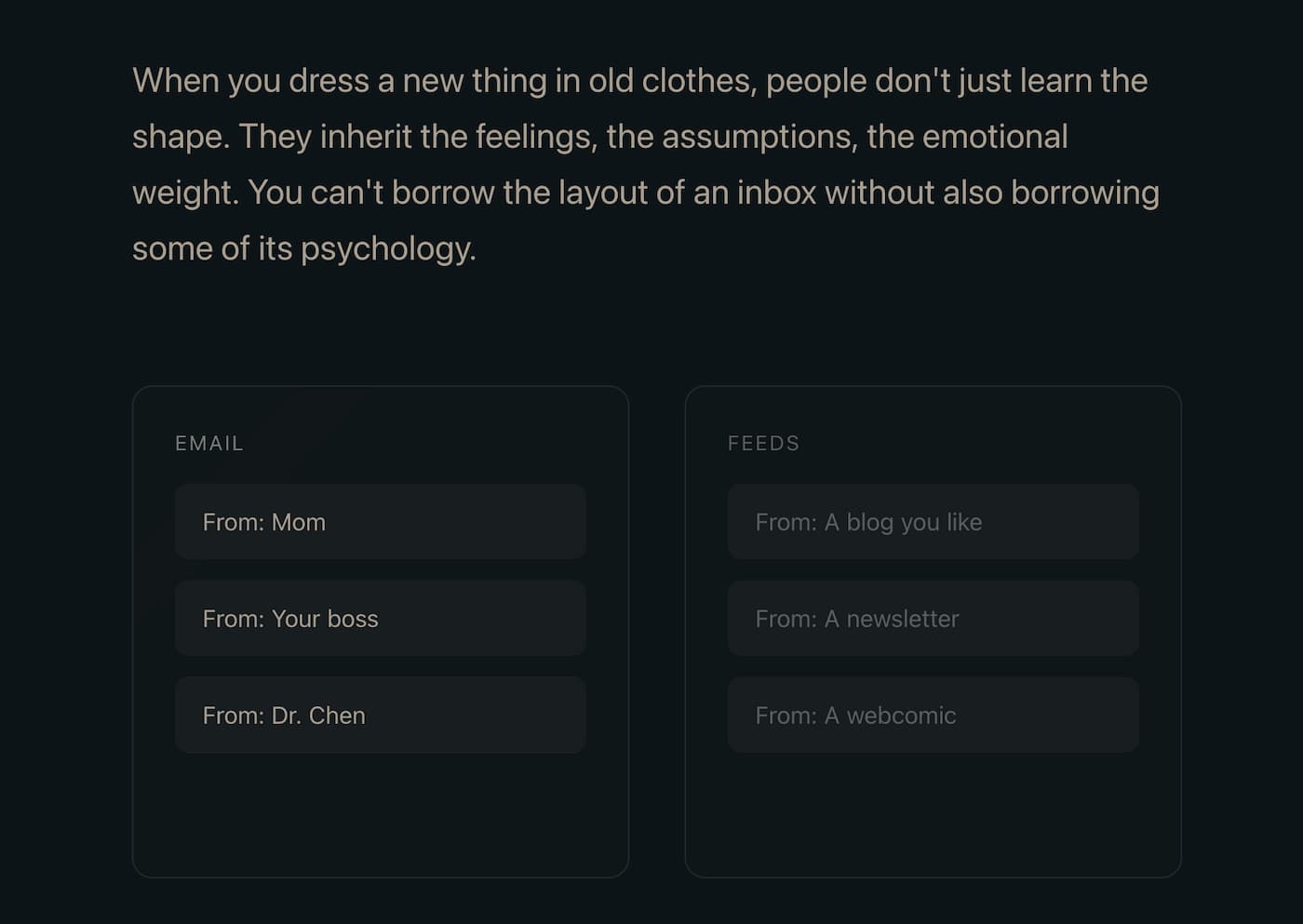 Screenshot from the linked post. Text reads: "When you dress a new thing in old clothes, people don't just learn the shape. They inherit the feelings, the assumptions, the emotional weight. You can't borrow the layout of an inbox without also borrowing some of its psychology." Below this are two columns of text. First column is labeled "Email" and includes "From: Mom," "From: Your Boss," and "From: Dr. Chen." Second column is labeled "Feeds" and includes "From: A blog you like." "From: A newsletter," and "From: A webcomic."
