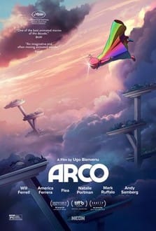 Theatrical poster for the animated movie Arco. We see a figure in rainbow cloak flying through the sky, with tree-like living structures emerging from the clouds. 