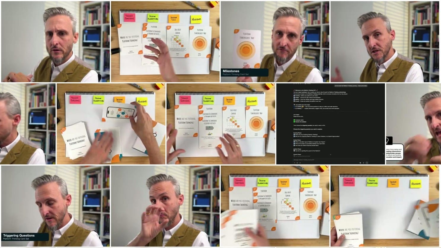 A grid-pattern collage of dozen or so video stills showing a person with silver hair and a beard wearing an olive-green vest over a white shirt presenting the Platform Thinking Journey Cards in an office setting with bookshelves in the background. The stills alternate between shots of the presenter speaking to camera and close-up views of cards laid out on a spiral-bound notebook that is resting on a wooden desk. The cards are organized with colorful sticky notes in pink, yellow, and lime green marking different sections. Visible card categories include 'Platform Dynamics,' 'Discover Assumptions,' 'Discover Risks,' and 'Milestones.' Some frames show hands gesturing to explain the card layouts. Two frames have overlay text labels: 'Milestones: Platform Thinking Card Set' and 'Triggering Questions: Platform Thinking Card Set.' One frame shows a dark screen with white text listing various prompts and questions.