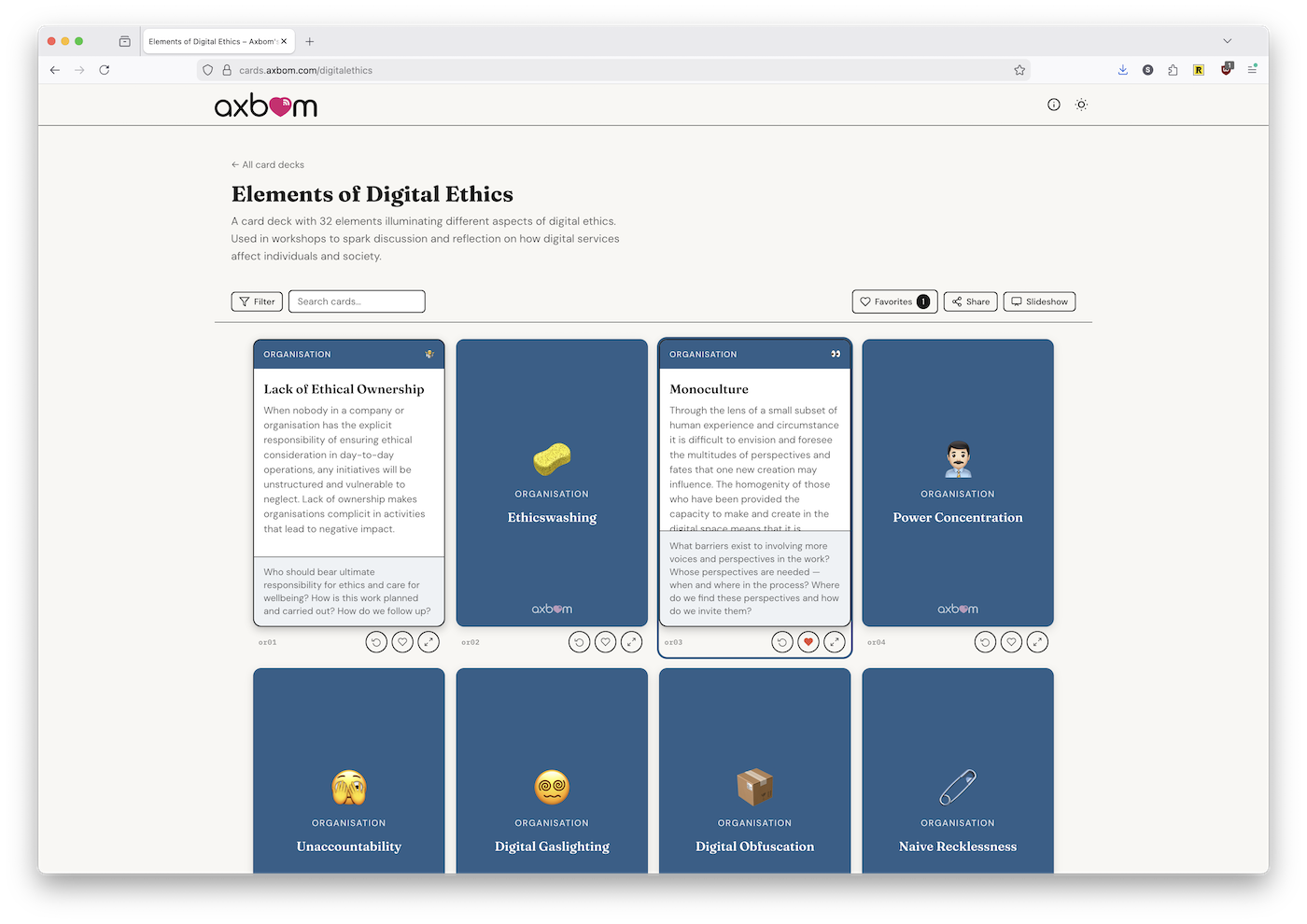 Screenshot of the linked web site. Blue backed cards, some of which have been flipped, can be seen arranged into a grid 4 columns wide. Various controls can be seen that allow you to flip a card, favorite a card, or open a card into a slideshow mode. The cards shown are from the "Elements of Digital Ethics" deck.