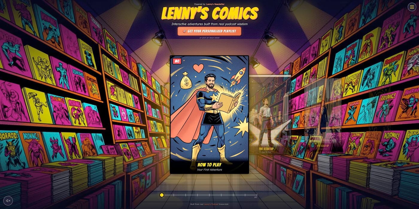 A vibrant comic book store interior with shelves lined with colorful comics in pink, yellow, cyan, and purple tones. In the center is displayed a large comic book cover titled 'HOW TO PLAY - Your First Adventure' featuring a superhero character in a blue suit with red cape holding a glowing book, surrounded by space-themed elements including a rocket, money bag, heart, and stars. The top of the page shows 'LENNY'S COMICS' with the tagline 'Interactive adventures built from real podcast wisdom' and a button reading 'GET YOUR PERSONALIZED PLAYLIST.' A navigation progress bar appears at the bottom showing this is issue #0. The scene creates a perspective view down the comic shop aisle with overhead pendant lights.