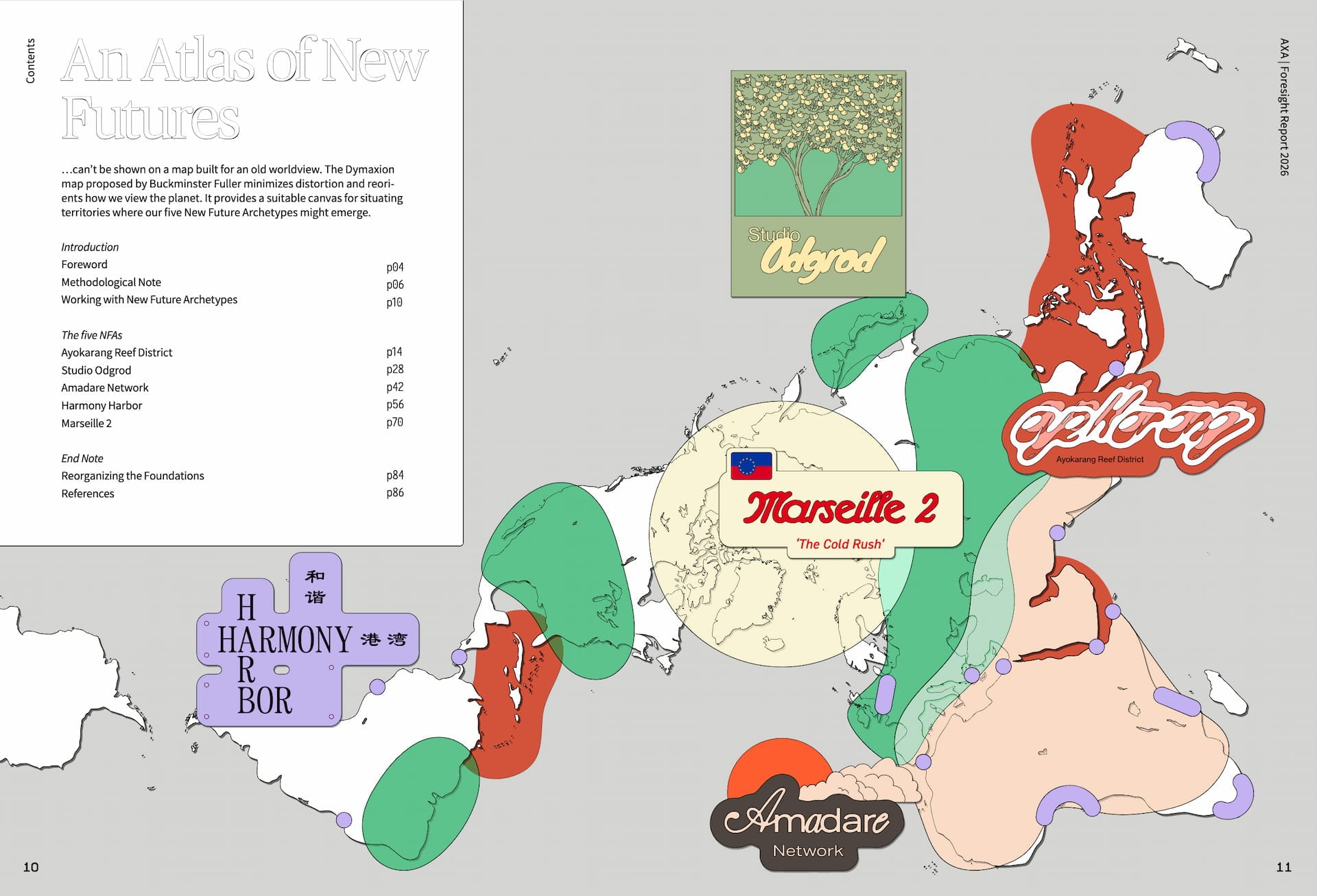 Map of an imagined geography, with the label "An Atlas of New Futures". On this map, 5 regions are labeled (with a custom typographic treatment) as follows: Ayokarang Reef District, Studio Odgrod, Amadare Network, Harmony Harbor, and Marseille 2. This map also serves as the table of contents for the rest of the report.
