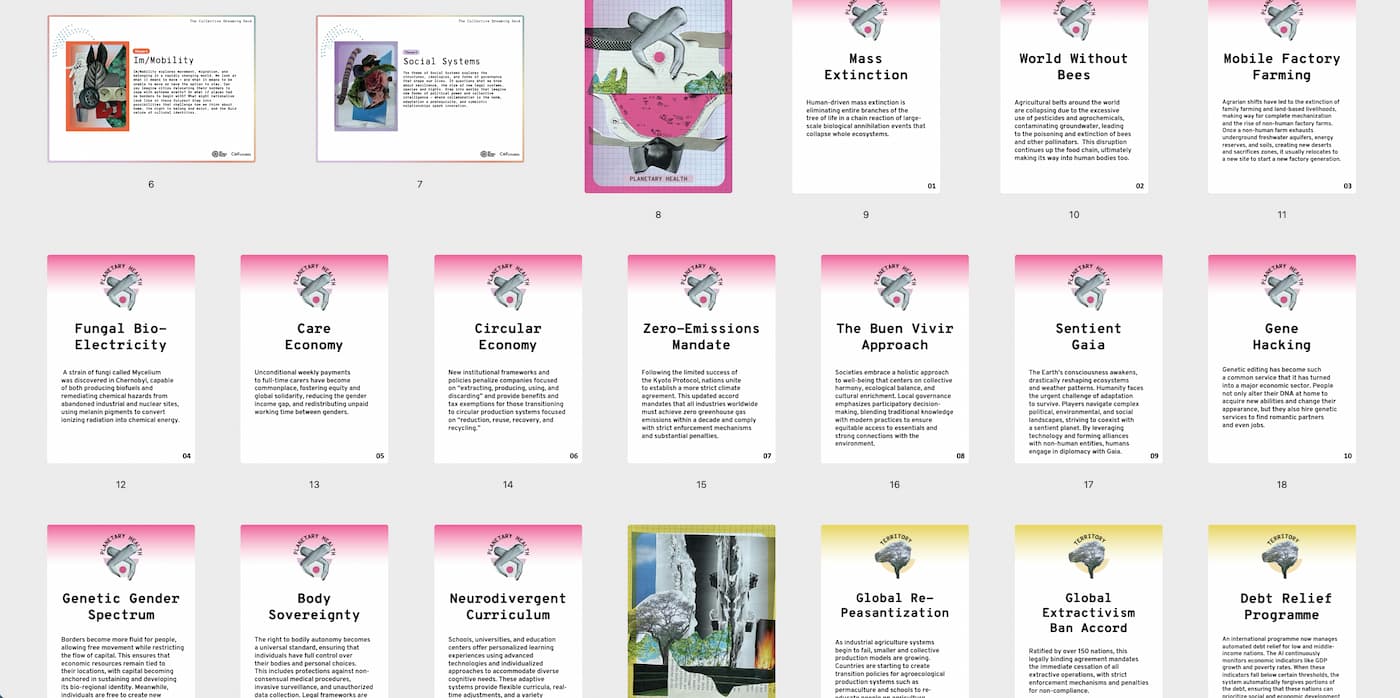 Screenshot of assorted cards. Card title can be read, and include things like "Mass Extinction", "World Without Bees", "Mobile Factory Farming" "Fungal Bio-Electricity" and "Care Economy".