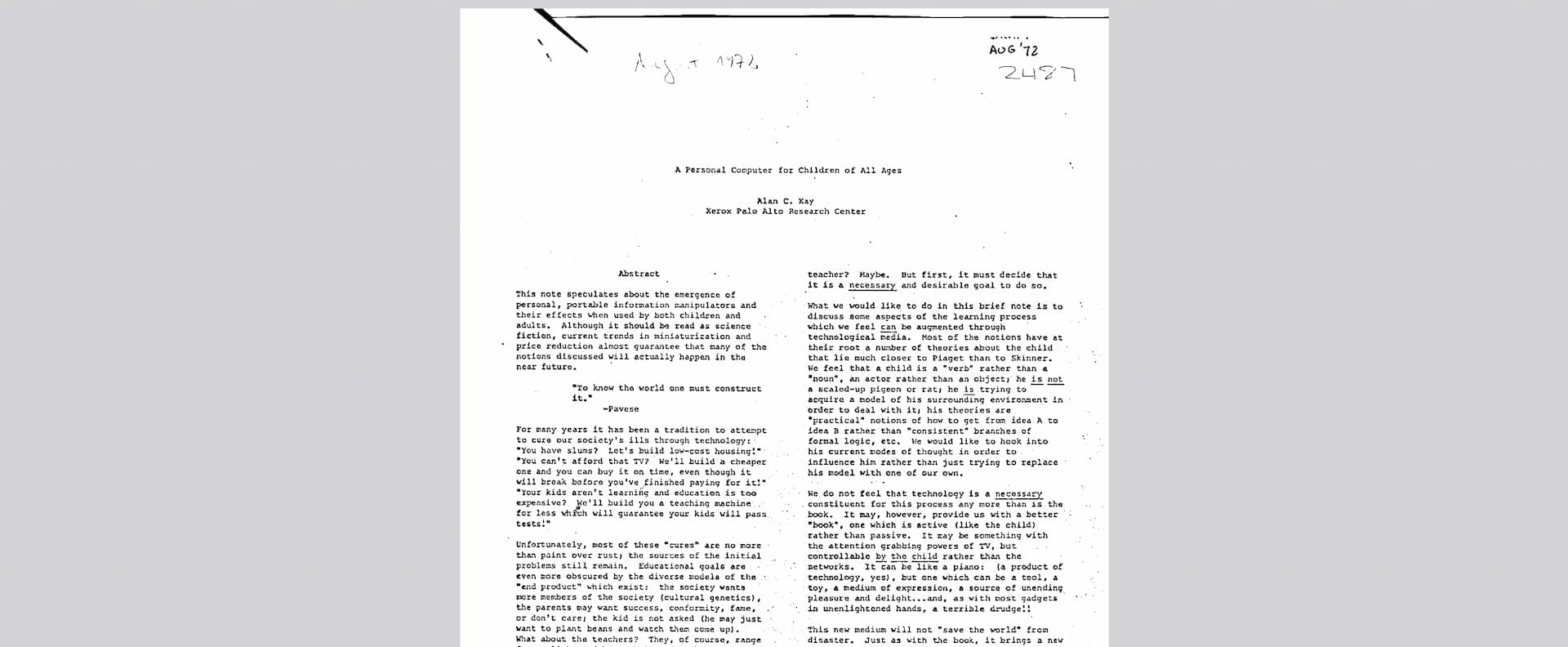 A scan of a 1972 academic paper titled 'A Personal Computer for Children of All Ages' by Alan C. Kay from Xerox Palo Alto Research Center. The document shows a typewritten page with handwritten notes at the top.