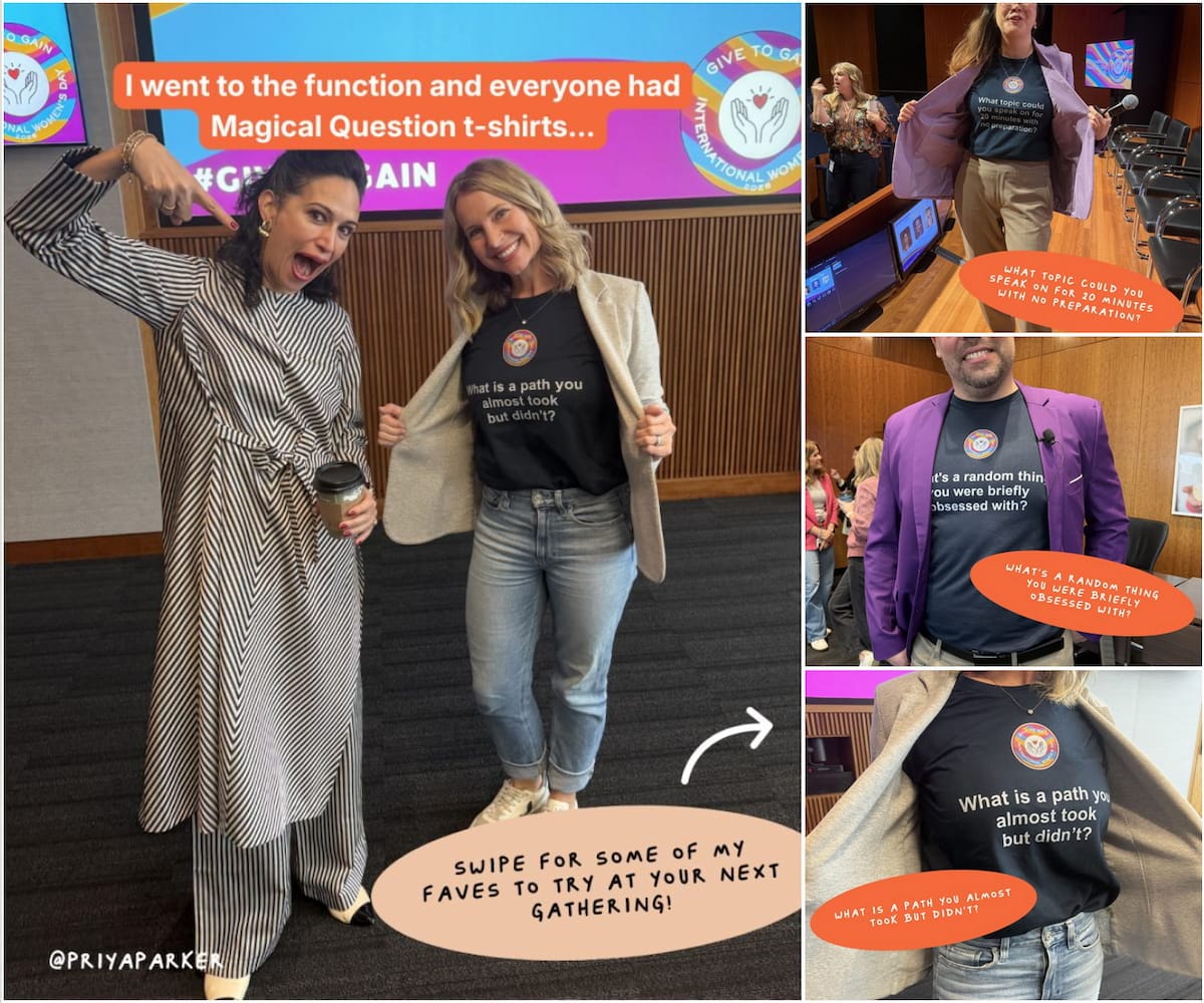 A collage of social media images showing people at an event wearing custom 'Magical Question' t-shirts.