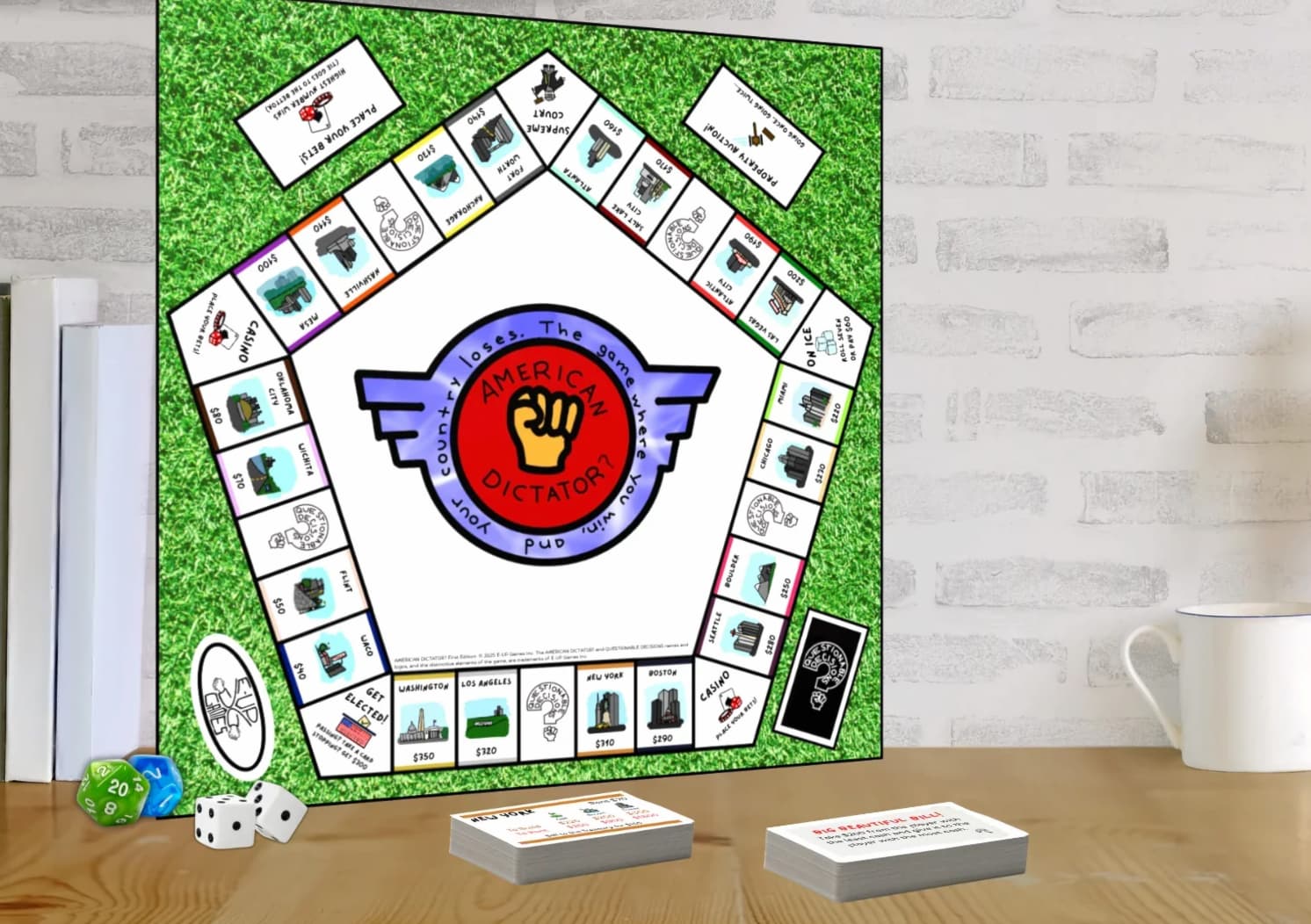Hero shot image of American Dictator? The Game. The pentagon shaped game board resembles a Monopoly board; two stacks of cards and assorted dice can be seen.