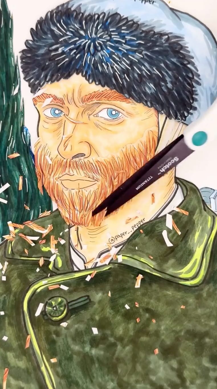 Frame from a video in which an unseen artist reworks a Van Gogh self-portrait to depict a healthier version of him; in this moment, a marker is shown trimming his beard, with small clipped paper pieces falling away, while he gazes directly at the viewer with a calm expression.